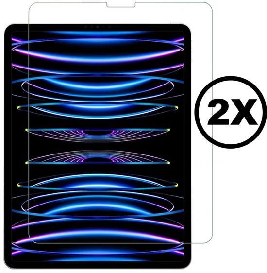 Un protecteur d'écran pour un iPad Pro 12.9, avec un fond d'écran abstrait violet/bleu, avec un cercle '2X'.