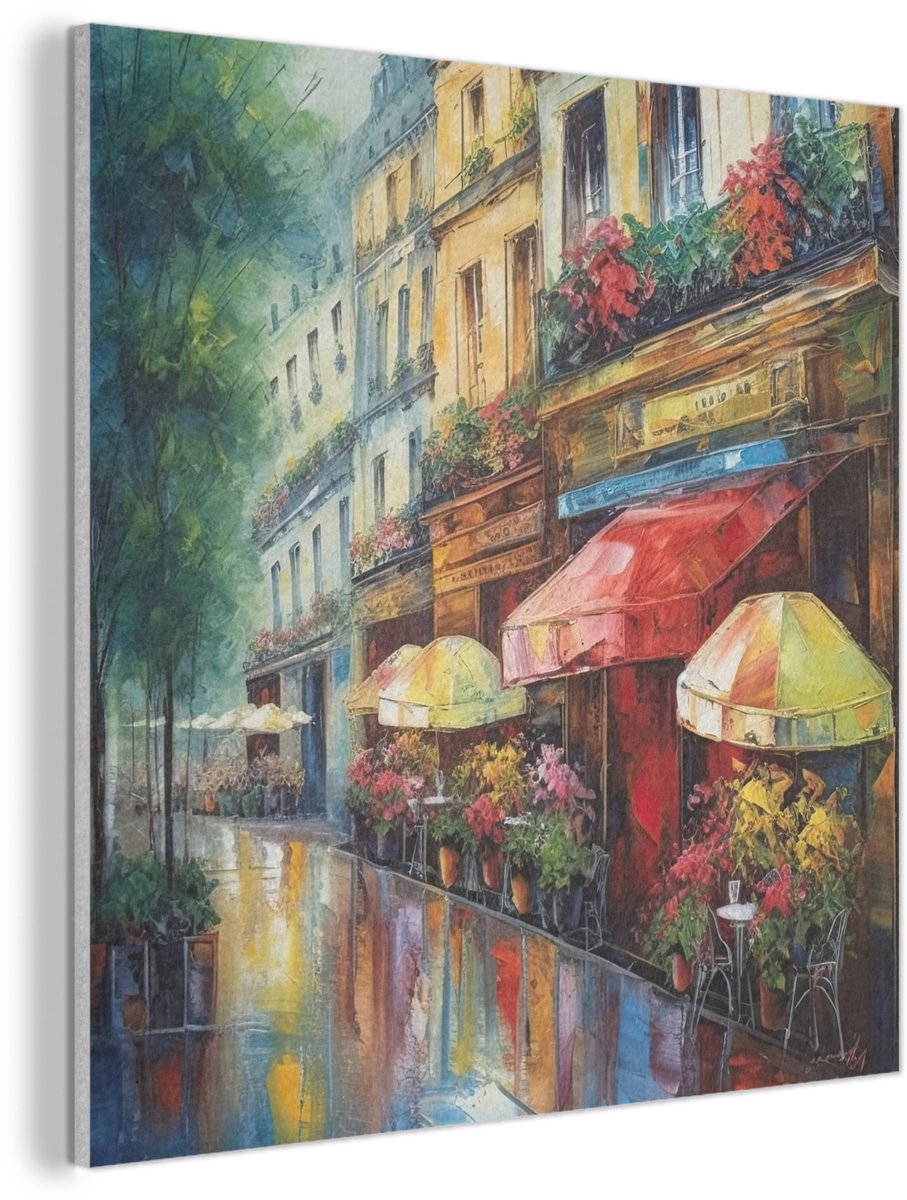 Akoestisch wandpaneel 50x50 cm - Vilt schilderij Straat - Olieverf - Kleurrijk - Stad - Akoestische panelen - Geluidsdempende wanddecoratie - Geluidsisolatie woonkamer - Muurdecoratie geluidspanelen