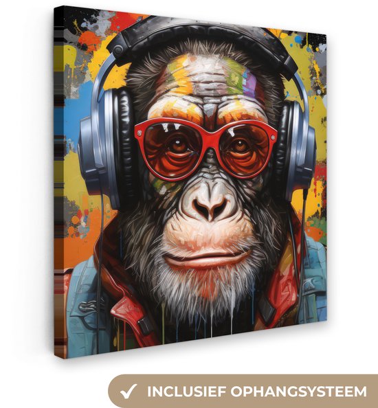 Canvas schilderij 90x90 cm - Wanddecoratie Chimpansee - Aap - dieren - Graffiti - Bril - Koptelefoon - Kleuren - Muurdecoratie woonkamer - Slaapkamer decoratie - Kamer accessoires - Schilderijen op canvas