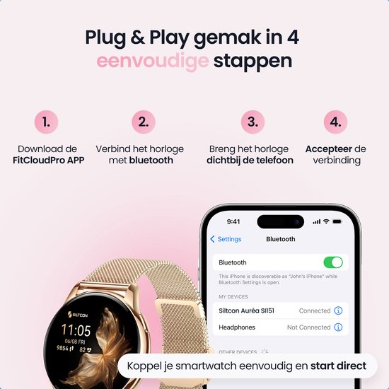 Siltcon® Auréa Smartwatch Dames - Horloge Dames - Stappenteller Horloge Dames - Hartslagmeter - Slaapmonitor - Saturatiemeter - Geschikt voor iOS/Android - AMOLED - RVS - Elke pols - Incl. 5 Bandjes