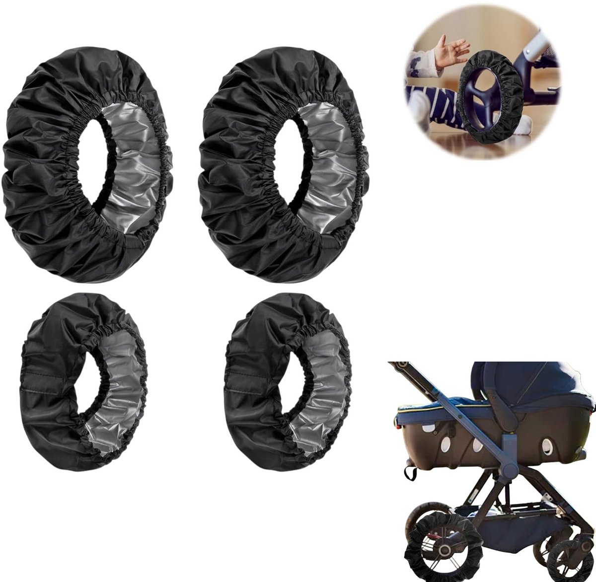 Image of 4 stuks - Babywielhoes, bandenbeschermhoes, kinderwagenaccessoires, stofbeschermingsaccessoires 20/25cm (zwart)