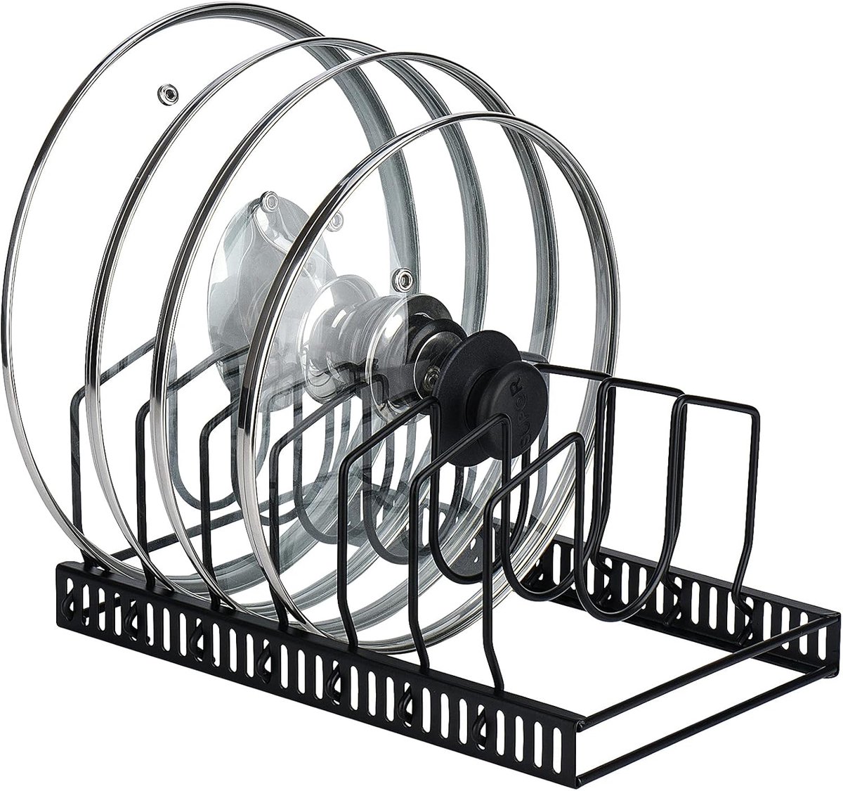 Verstelbare Keukenorganizer – Pannen- & Dekselsrek met 7 Verdelers – Ruimtebesparend Opbergsysteem voor Pannen, Snijplanken & Servies – 30×18×18 cm