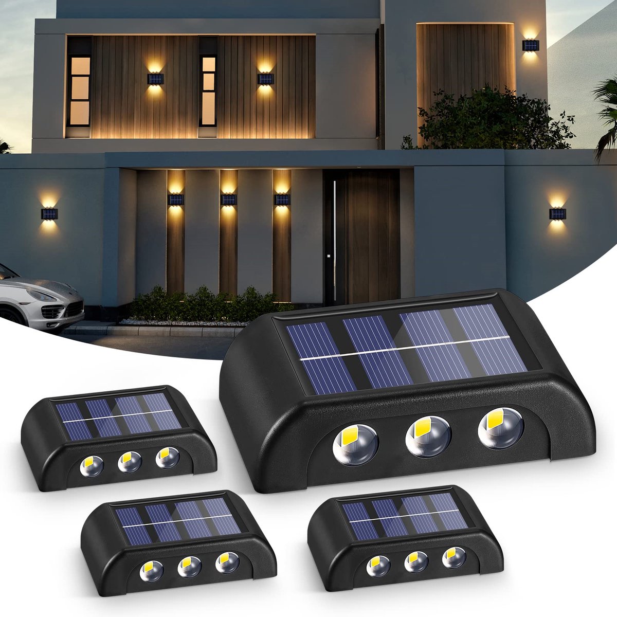 Set van 4 Solar Wandlampen voor Buiten – LED Up & Down Verlichting, Warm Wit 3000K, IP65 Waterdicht, Automatisch Aan/Uit, Energiezuinig, Tuin- en Terrasverlichting