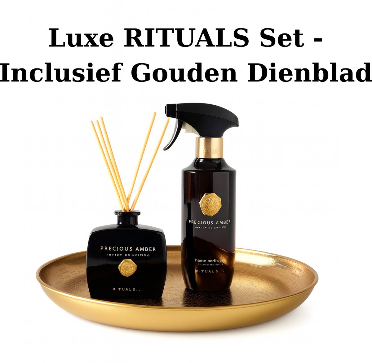Rituals - Amber - Luxury Set - Geurstokjes 100 ml + Huisparfum 400 ml + Gouden Dienblad - Fragrance Sticks 100 ml + Home Perfume Spray 400 ml + Gouden Decoratief Plateau