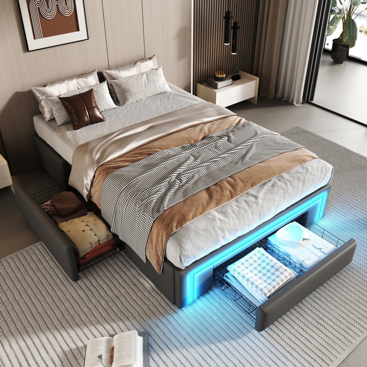 Komhtom Bedbodem 90X200 met lades, PU-lederen bed zonder hoofdeinde Met LED-lichtstrip, metalen lattenbodem Platformbed voor moderne slaapkamer Grijs