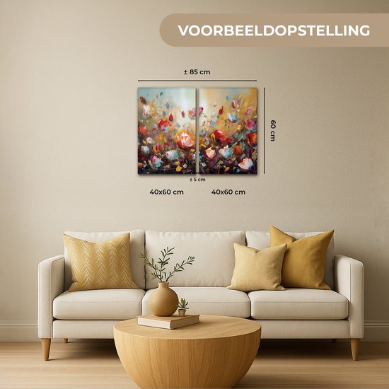 Canvas schilderij set 80x60 cm - Wanddecoratie tweeluik - Bloemen - Abstract - Verflook - Kleurrijk - Muurdecoratie woonkamer - Slaapkamer decoratie - Kamer accessoires - Schilderijen op canvas