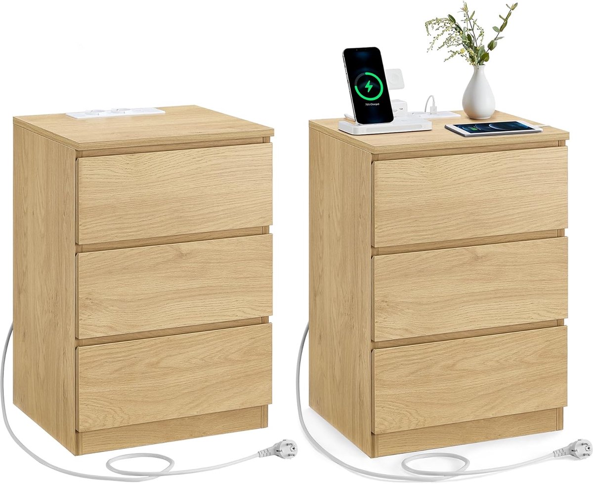 FurnStar Kailyn Collection -Nachtkastje met stekkerdoos - Set van 2 bijzettafel - 3 laden 2 AC-stopcontacten - 2 USB-A-aansluitingen - Modern - Strogeel Strogeel Double