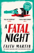Boekomslag met gebroken champagnefles, tekst 'A FATAL NIGHT' en 'OXFORD MURDER MYSTERY'.