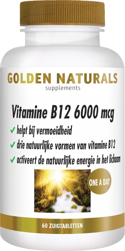 Fles Golden Naturals Vitamine B12 6000 mcg met gouden dop. Bevat 60 zuigtabletten.