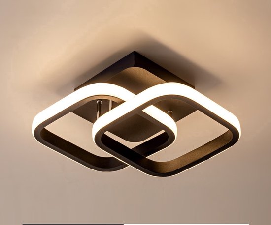 Zwarte plafondlamp met twee vierkante, verstrengelde LED-ringen.