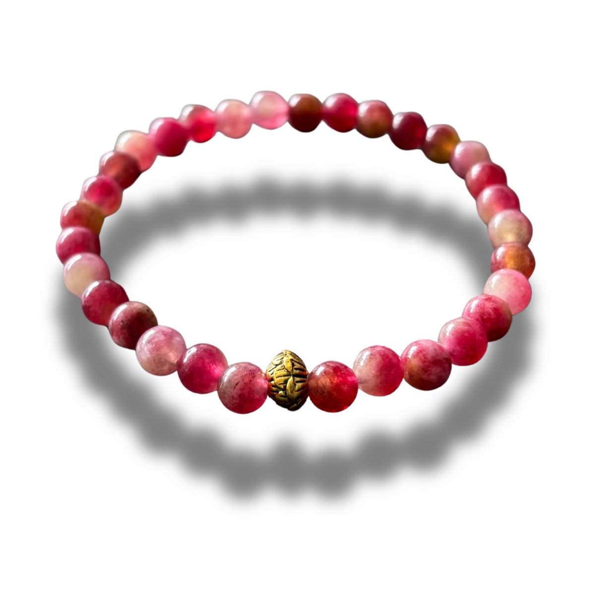 Armband - natuursteen - tourmaline - 19 cm - 6mm - goudkleurig element lotusbloem - toermalijn