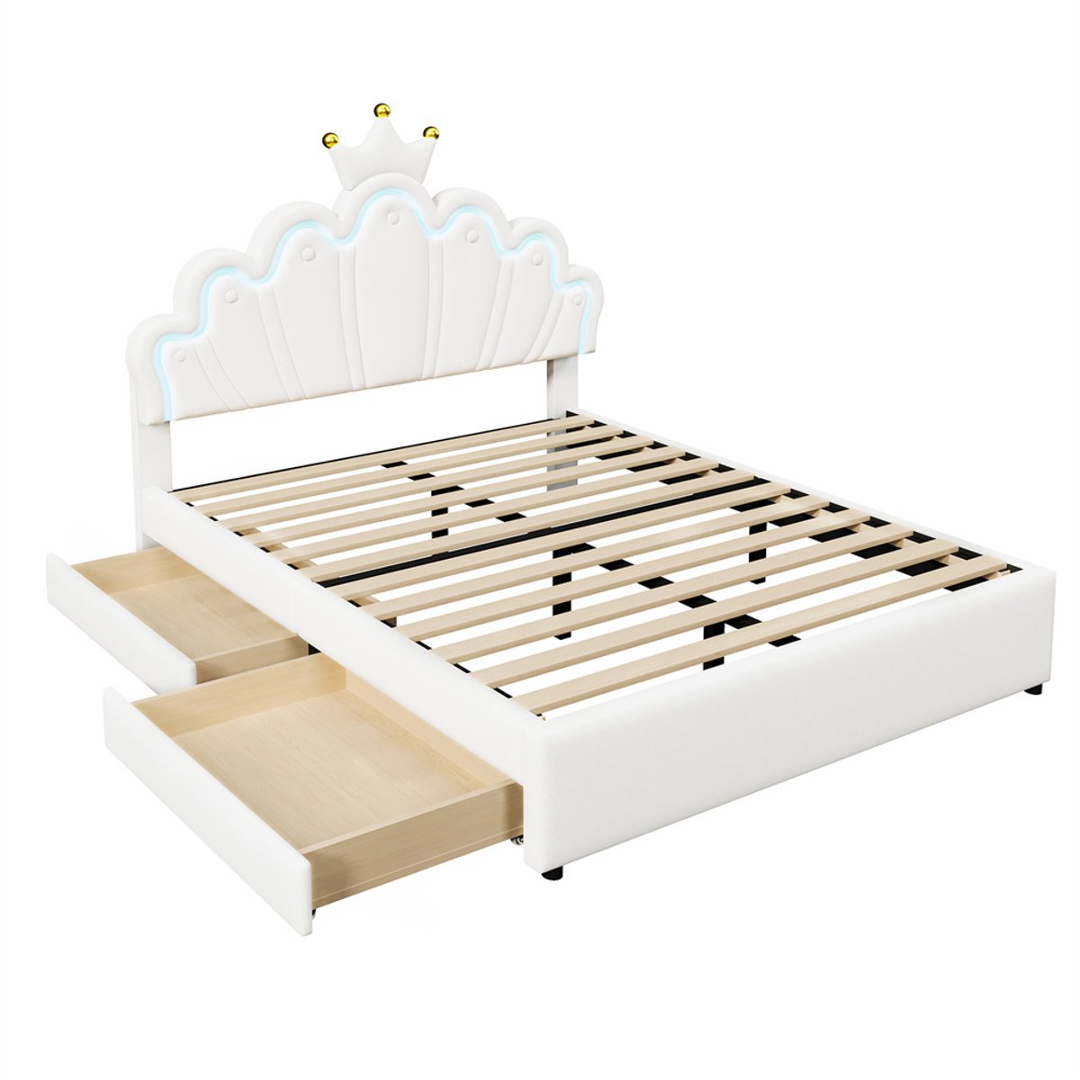 Prinsessenbed 140x200 Cm Wit Gestoffeerd Met Bedlade - Boxspringbed Voor Meisjes