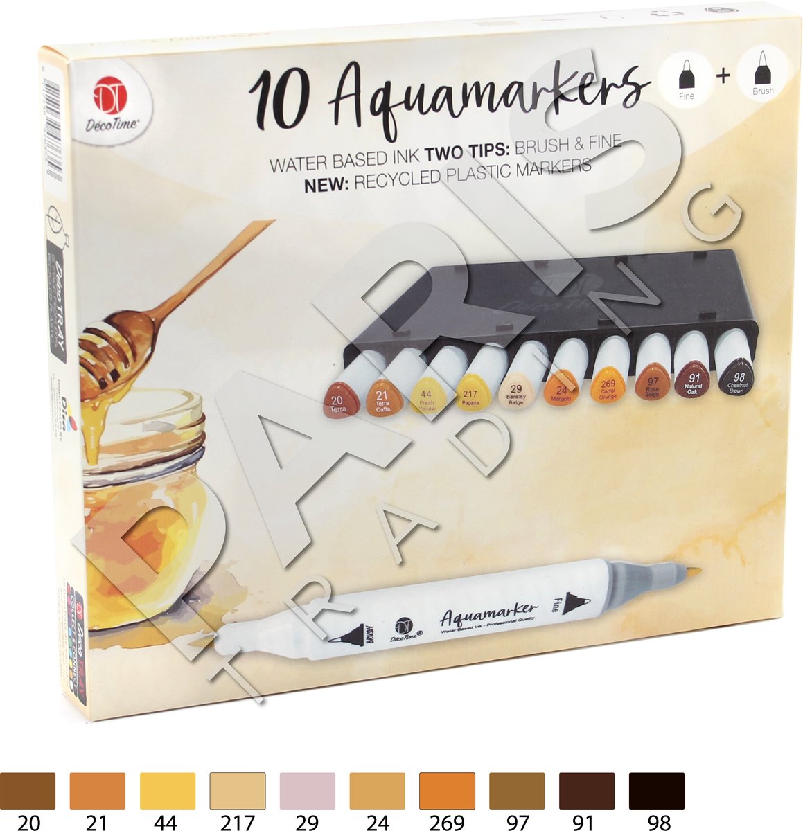 Decotime Aquamarkers 10‑delig + Decotray — waterbasis twinmarkers brush & fine, stapelbare bewaardoos - aquamarkers waterstiften brush fine twinmarkers set