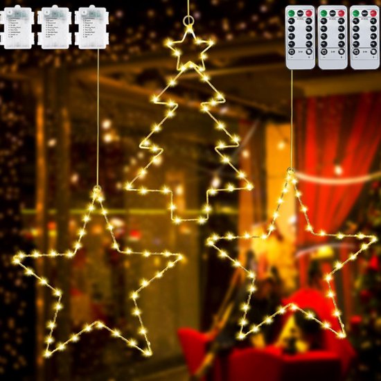 Sziqiqi LED Ster Raam Verlichting: Raamdecoratie 4 Sterren voor Kerst Binnen - 20 LEDs met Timer 8 Zuiignappen voor Kerstdecoratie
