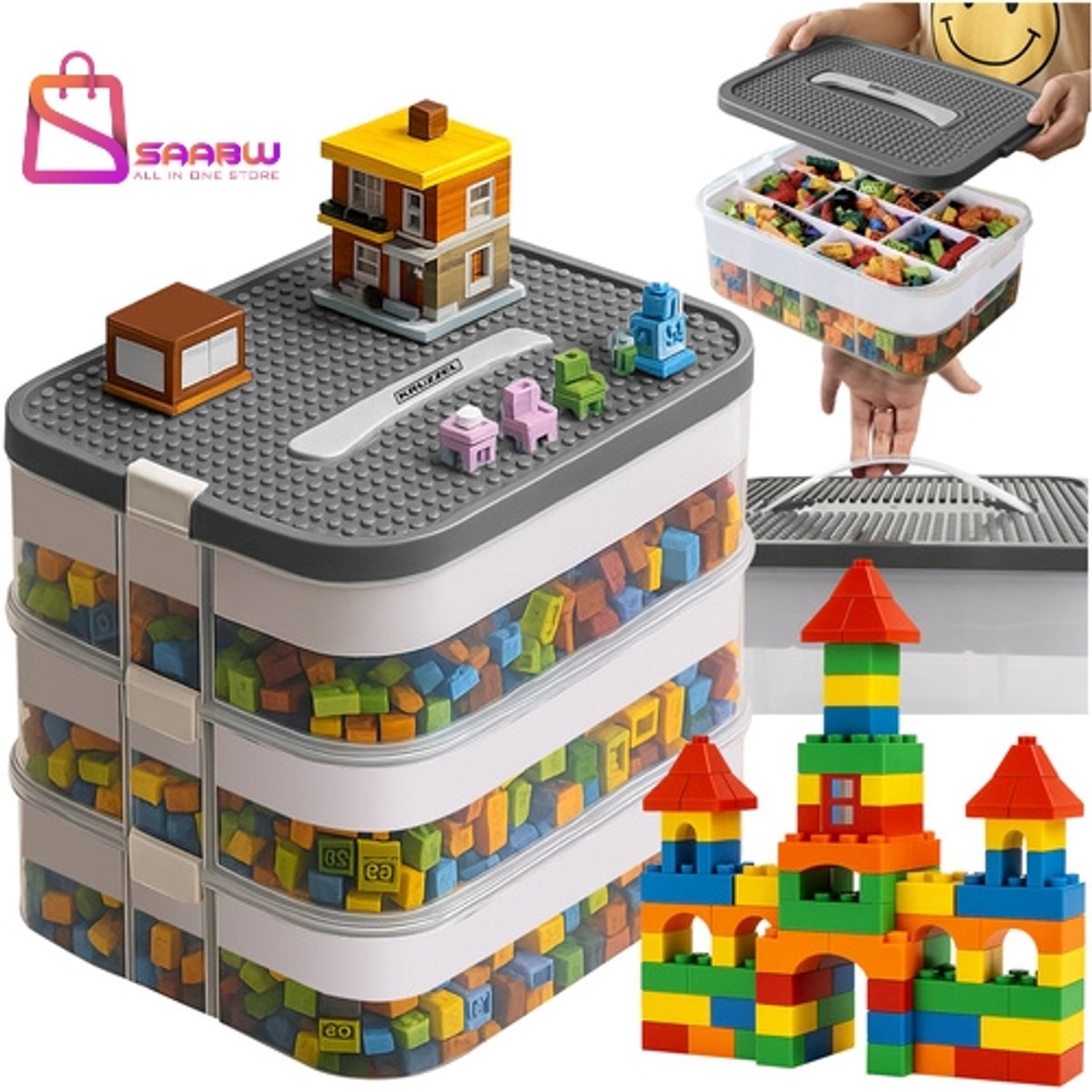 Blokkenbox Organizer – 3 Lagen opbergboxen met deksel – Transparant – opbergdoos – opbergkasten - 56223