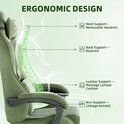 Ergonomisch ontwerp van een groene gamingstoel met uitleg over nek-, rug- en lendesteun, inclusief een verwijderbare hoofdsteun en massage lendekussen.
