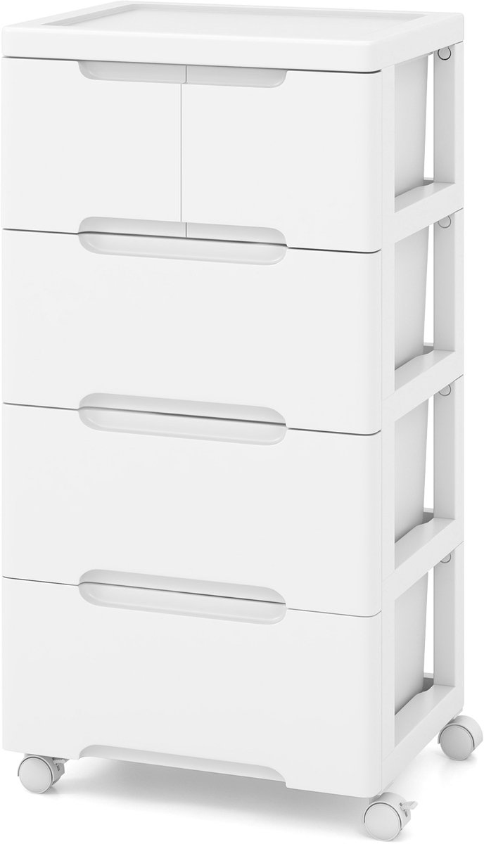 COSTWAY Nisenkast verticale opbergkast, commode met laden, universele en vergrendelbare wielen, badkamerrolwagen voor woonkamer, kantoor, salon, wit (5 laden)