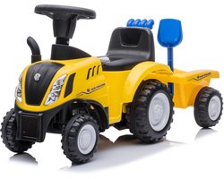 New Holland Loopauto Tractor 1 tot 3 jaar – Officieel Gelicentieerde Speelgoed Tractor met Aanhanger, Koplampen & Toeter – Buitenspeelgoed Peuter met Hark, Schep & Opbergbox – Geel