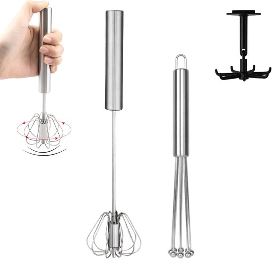 Set van 2 roestvrijstalen garde met 1 haak – mini-mixer met kralen, halfautomatische garde, multifunctionele handmixer voor het mengen en bereiden van je recepten, zilverkleurig
