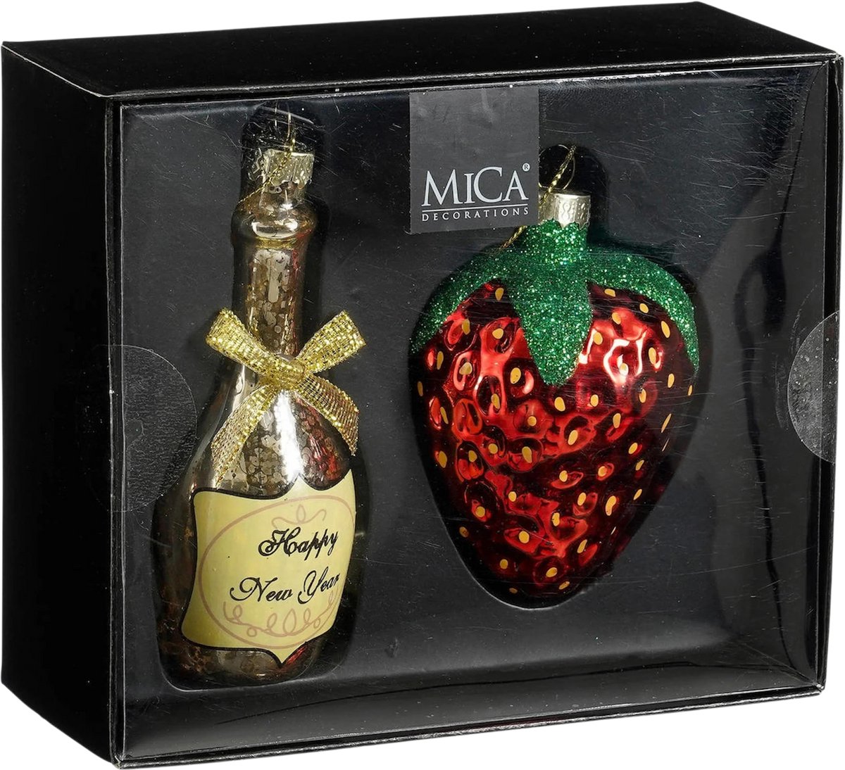 Mica Decorations Mica Kerstornament Set Champagne Aardbei Rood