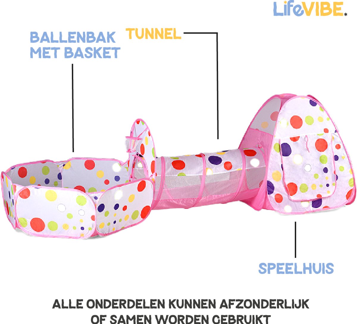 LifeVibe® Speeltent met Tunnel Roze - Kruiptunnel - Kindertent - Binnen en Buiten - Pop Up Tent - Meisjes en Jongens — afbeelding 2