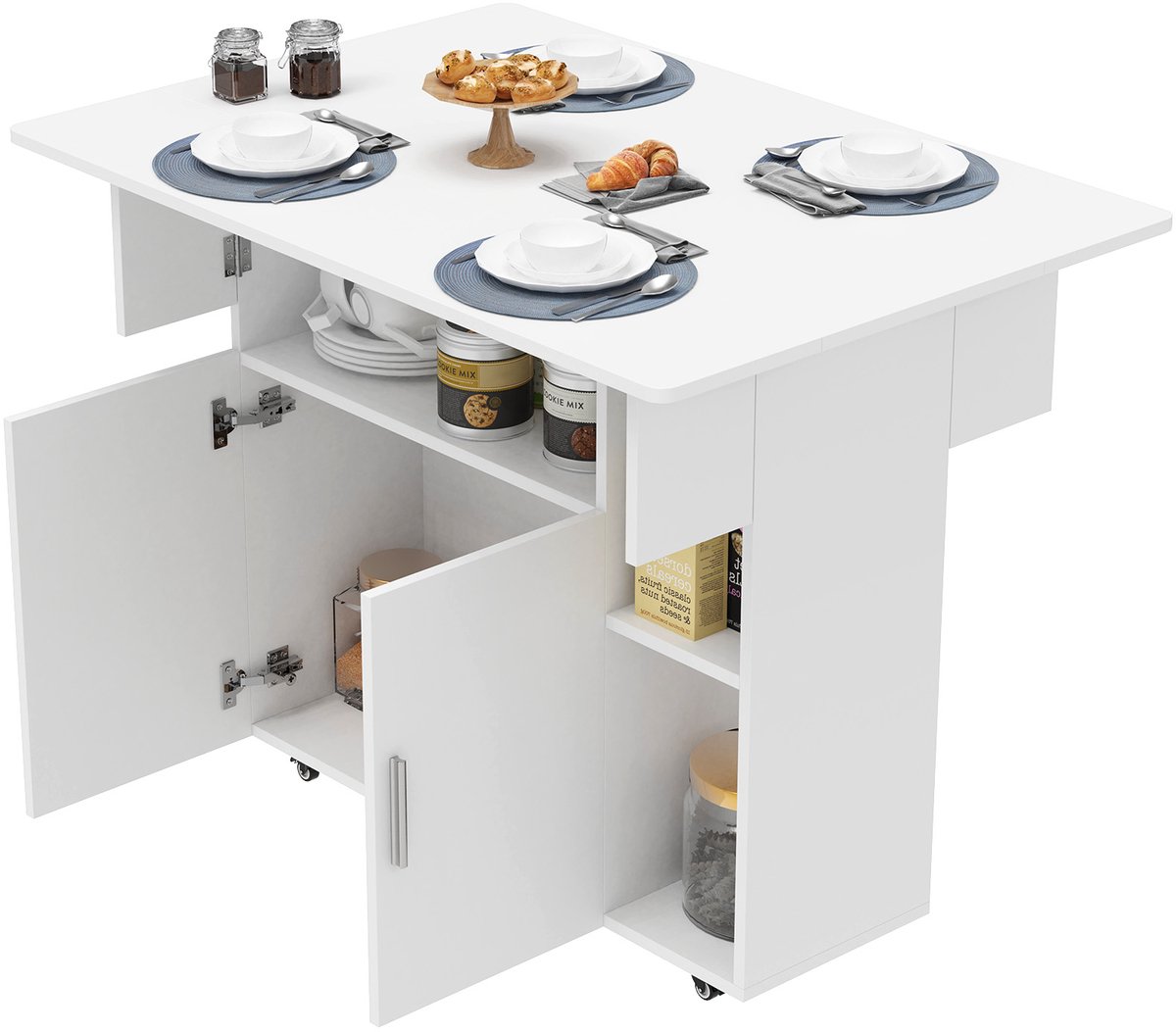 PIPIPOXER-Mobiele opklapbare tafel eettafel bureau met opklapbaar werkblad, met wielen eettafel voor keuken, wit