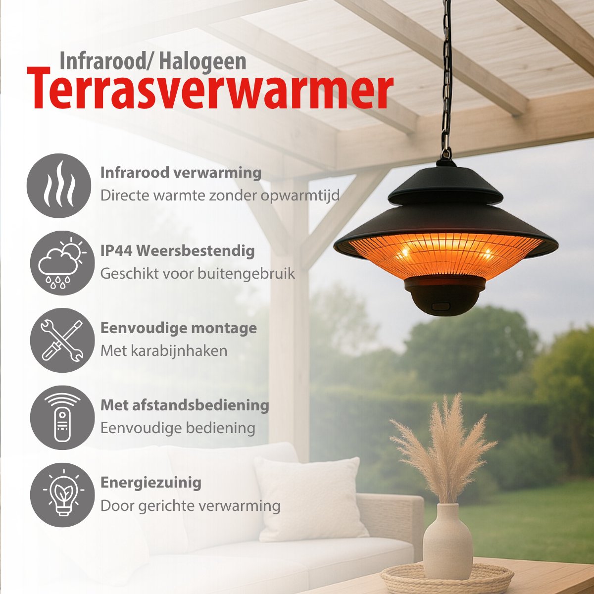 alpina Heater Terrasverwarmer met Infrarood Verwarming - Heater Elektrisch en Hangend - Terras Verwarmer P44 Spatwaterdicht - Terrasheater 1500W met Afstandsbediening – foto 2