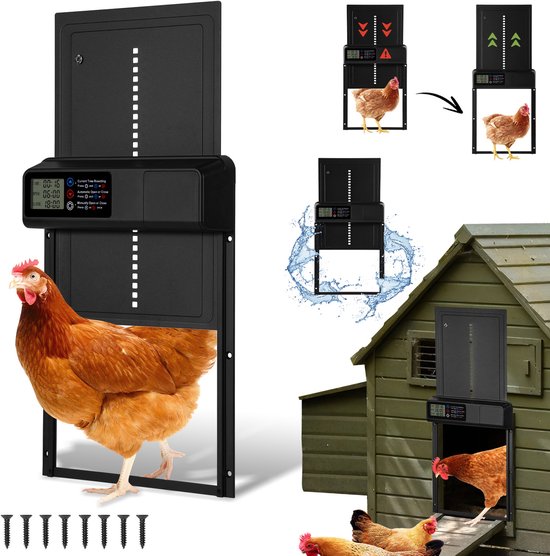 Kippenluik Automatisch - Automatische Kippendeur - Dierenluik - Hokopener - Timerfunctie - Inclusief Batterijen - Zwart - IPX4 - LCD display