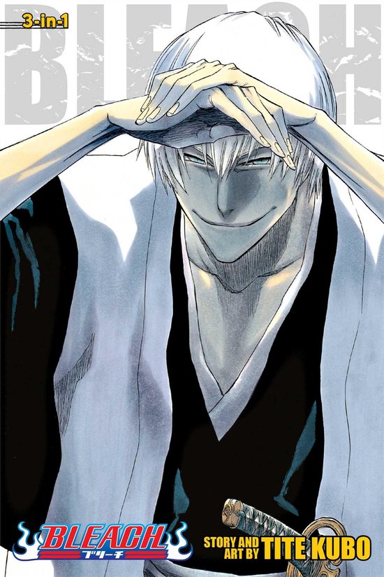 Couverture d'anime avec un homme aux cheveux blancs, aux yeux plissés et souriant, un sabre à la hanche.