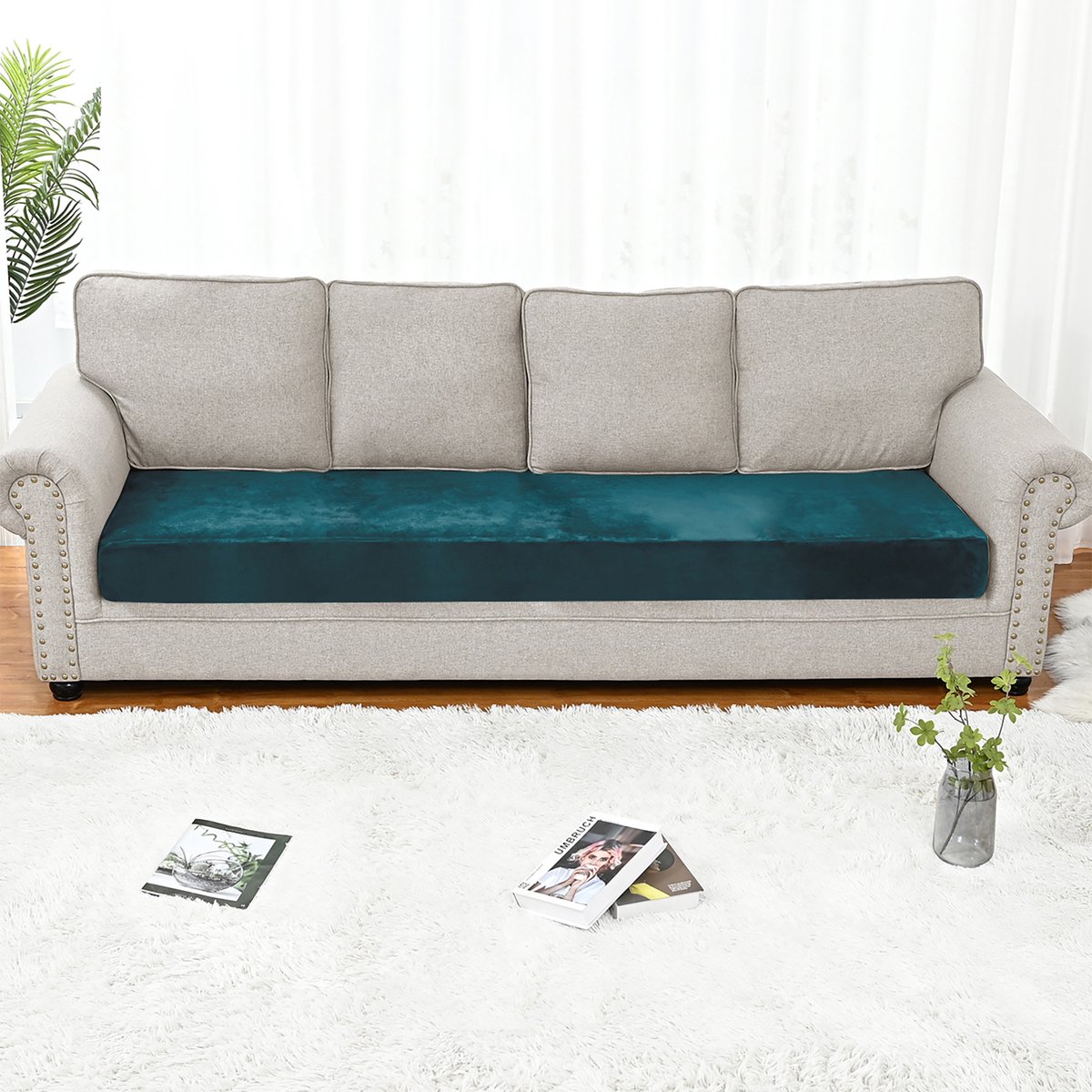 Qelus Blauw Fluweelen Zitkussenhoes Stretch 210-224x60-90cm voor 4 zitsbank - Rekbare Bankbeschermer tegen Vlekken & Mijt - Snel om te leggen