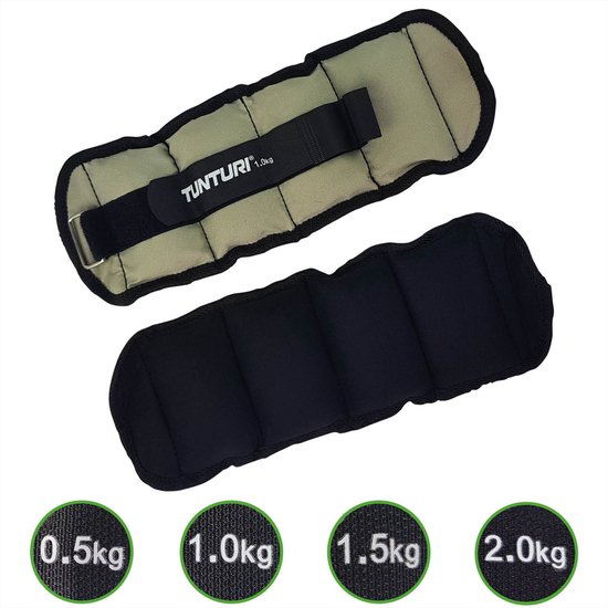 Grijze enkel-/polsgewichten met zwarte banden. Onderin de afbeelding staan de gewichten 0.5kg, 1.0kg, 1.5kg, 2.0kg.