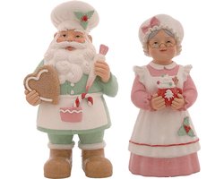 Viv! Christmas Kerstbeeld - Mr. & Mrs. Claus met Gingerbread Koekje - set van 2 - pastel - roze blauw - 25cm