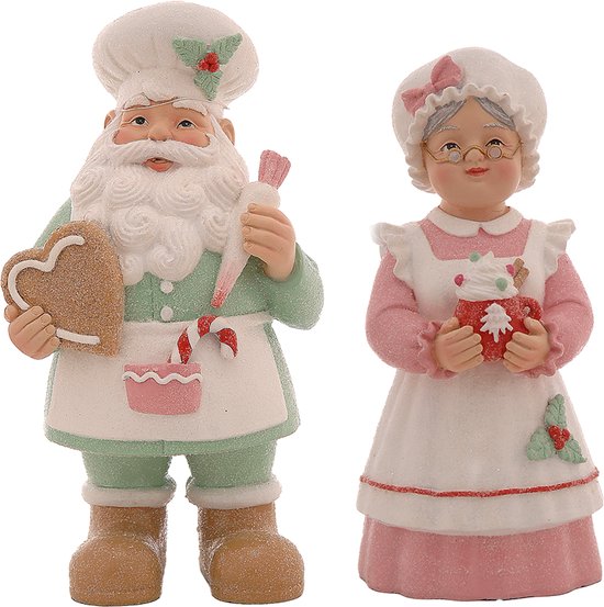 Viv! Statue de Noël - M. et Mme Père Noël avec biscuit en pain d'épice - lot de 2 - pastel - rose et bleu - 25 cm