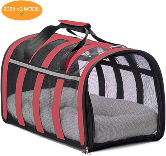 Katten reismand - 47x27x25cm - Reismand kat - Rood - Opvouwbaar met schouderband en comfortabele mat - Kattenmand - Extra stevig & veilig model