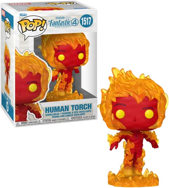 Boîte de Funko Pop 'Human Torch', avec la figurine rouge enflammée aux yeux jaunes à côté.