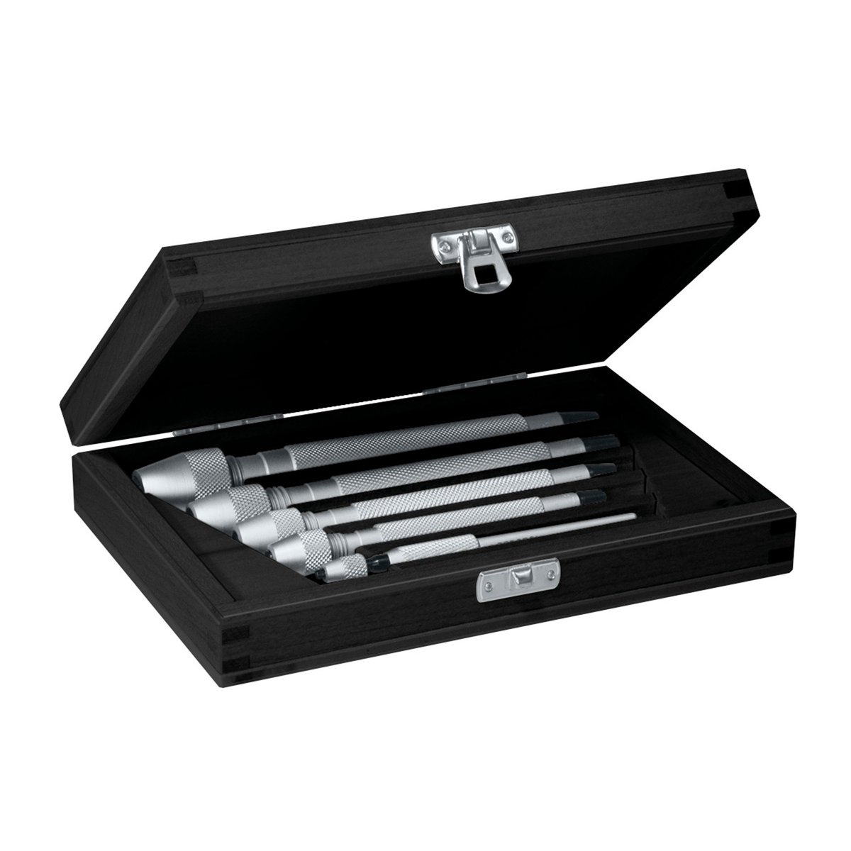 BERGEON 30026-A Penpons assortiment - 4 penponsen met verchroomde handgrepen - 1 penpons met gekartelde handgreep - Geschikt voor horlogemakers - Incl. houten koffer - 4513031