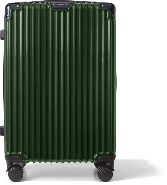 Olijfgroene koffer met verticale ribbels en wielen.