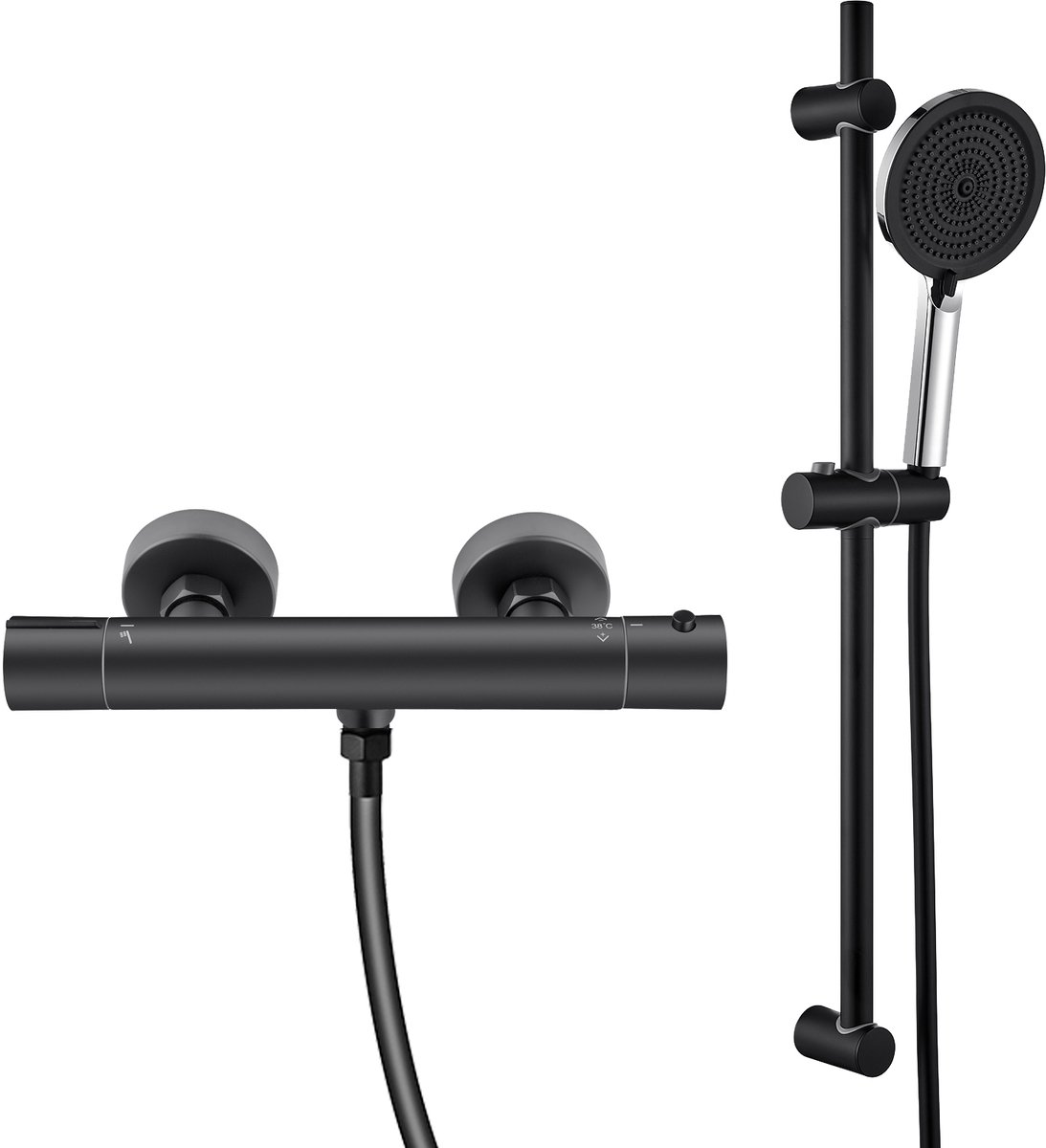 DERW MAX Thermostatische Douchekraan - 15 cm Hartafstand - doucheset - Veiligheidsfuncties - Handdouche Met 6 standen - Waterbesparend - Zwart
