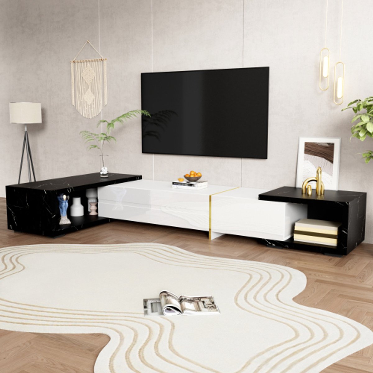 Moderne TV-meubel met verstelbare lengte (140–260 cm) – Draaibaar ontwerp, zwart marmerlook met wit hoogglans & gouden accenten, luxe tv-kast voor woonkamer
