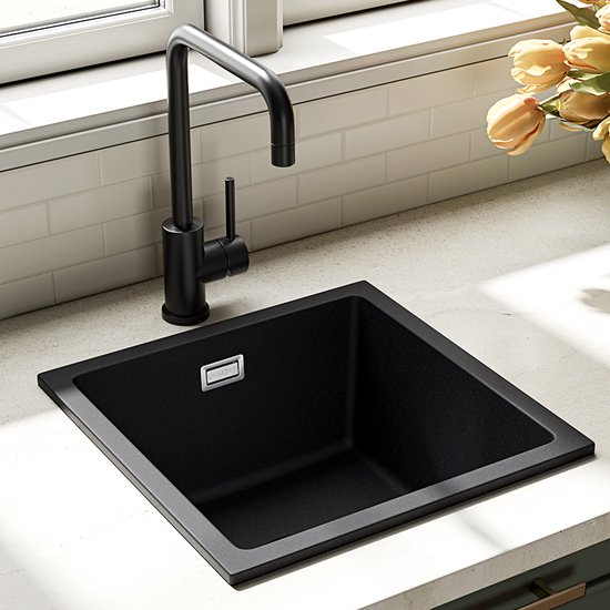 Lorreine 45BQ-FU Luxe Enkele Keukenspoelbak Graniet Zwart Met Korfplug