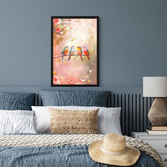 Poster in lijst - Fotolijst 40x60 cm - Posters - Vogels - Kleurrijk - Tak - Posterlijst zwart - Decoratie - Wanddecoratie woonkamer - Muurdecoratie slaapkamer
