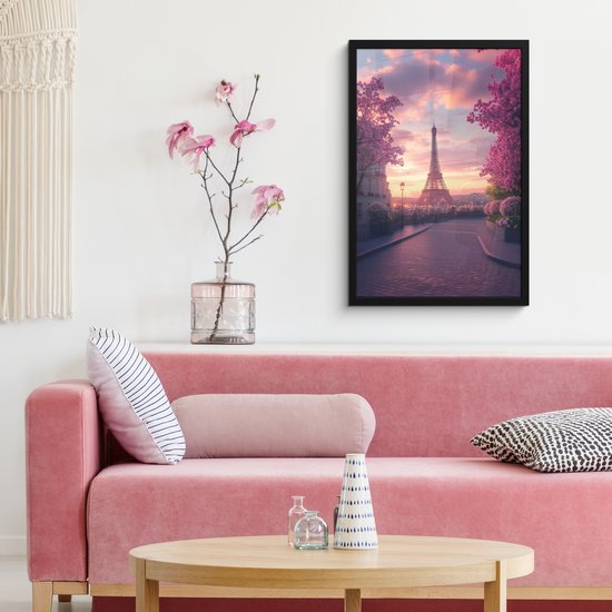 Poster in lijst - Fotolijst 40x60 cm - Posters - Eiffeltoren - Parijs - Roze - Posterlijst zwart - Decoratie - Wanddecoratie woonkamer - Muurdecoratie slaapkamer