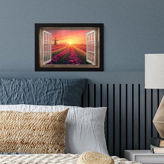 Poster in lijst - Fotolijst 30x20 cm - Posters - Doorkijk - Tulpen - Zonsondergang - Bloemen - Kleurrijk - Posterlijst zwart - Decoratie - Wanddecoratie woonkamer - Muurdecoratie slaapkamer