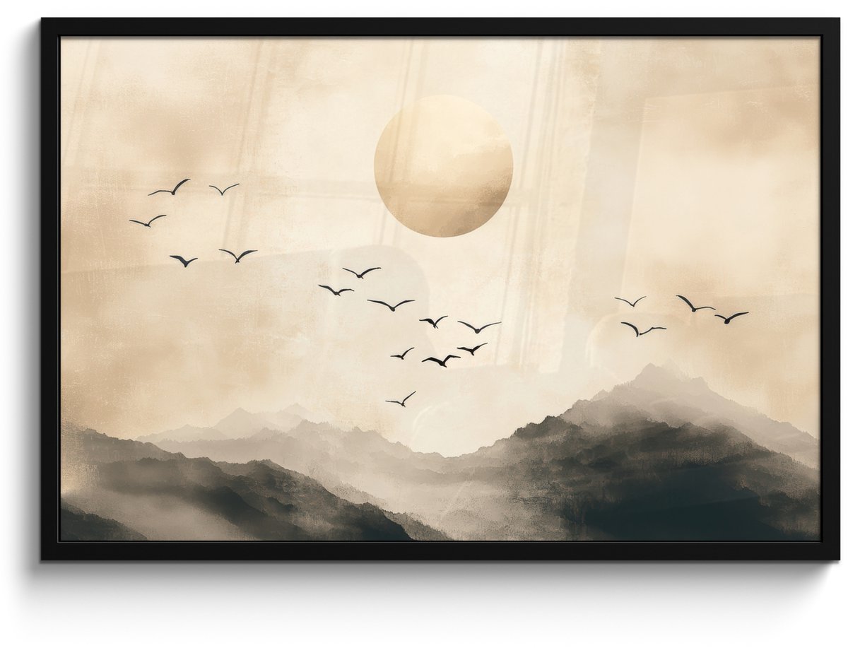 FrameYourWall Poster in lijst - Fotolijst 90x60 cm - Posters - Landschap - Japandi - vogel - Posterlijst zwart - Decoratie - Wanddecoratie woonkamer - Muurdecoratie slaapkamer