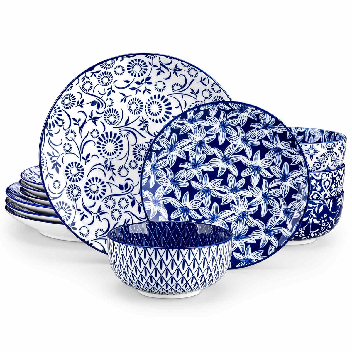 Serviesset - 4 Persoons Servies - Porselein - Dinerborden - Dessertborden - Ontbijtkommen - 12-delige Set - Blauw - Wit - Assorted