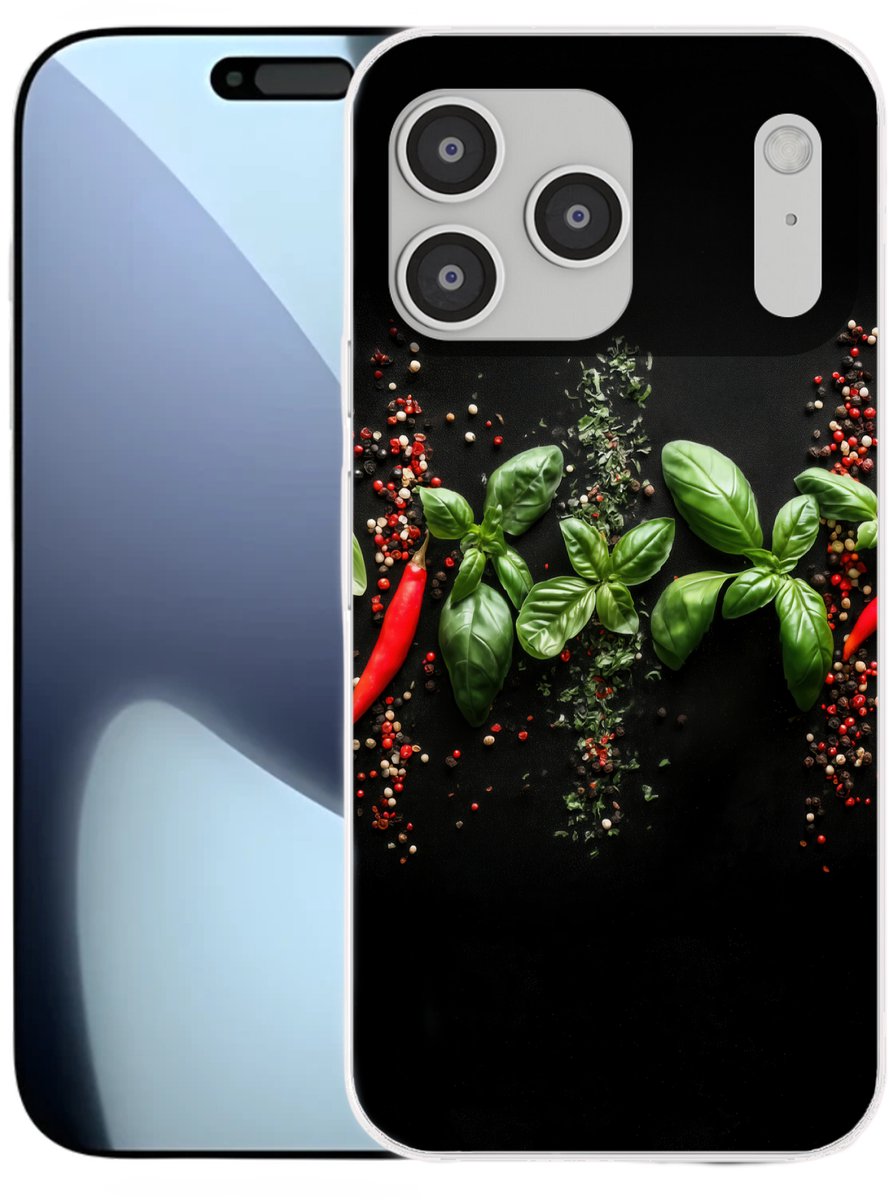 Telefoonhoesje Geschikt voor iPhone 17 Pro Max hoesje - Chilipepers - Basilicum - Blaadjes - Rood - Siliconen Telefoonhoesje Telefoonhoesje