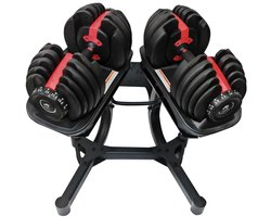 AJ-Sports verstelbare dumbbells 2x24kg inclusief vaste opbergsteun - - 2kg t/m 24kg - Gewichten - Dumbells set - Gewichten set - Smart Dumbells - Halterset - Krachttraining - Fitness - Gym - Sport - Crossfit - 15 Dumbells in één! - Set van 2 Stuks!