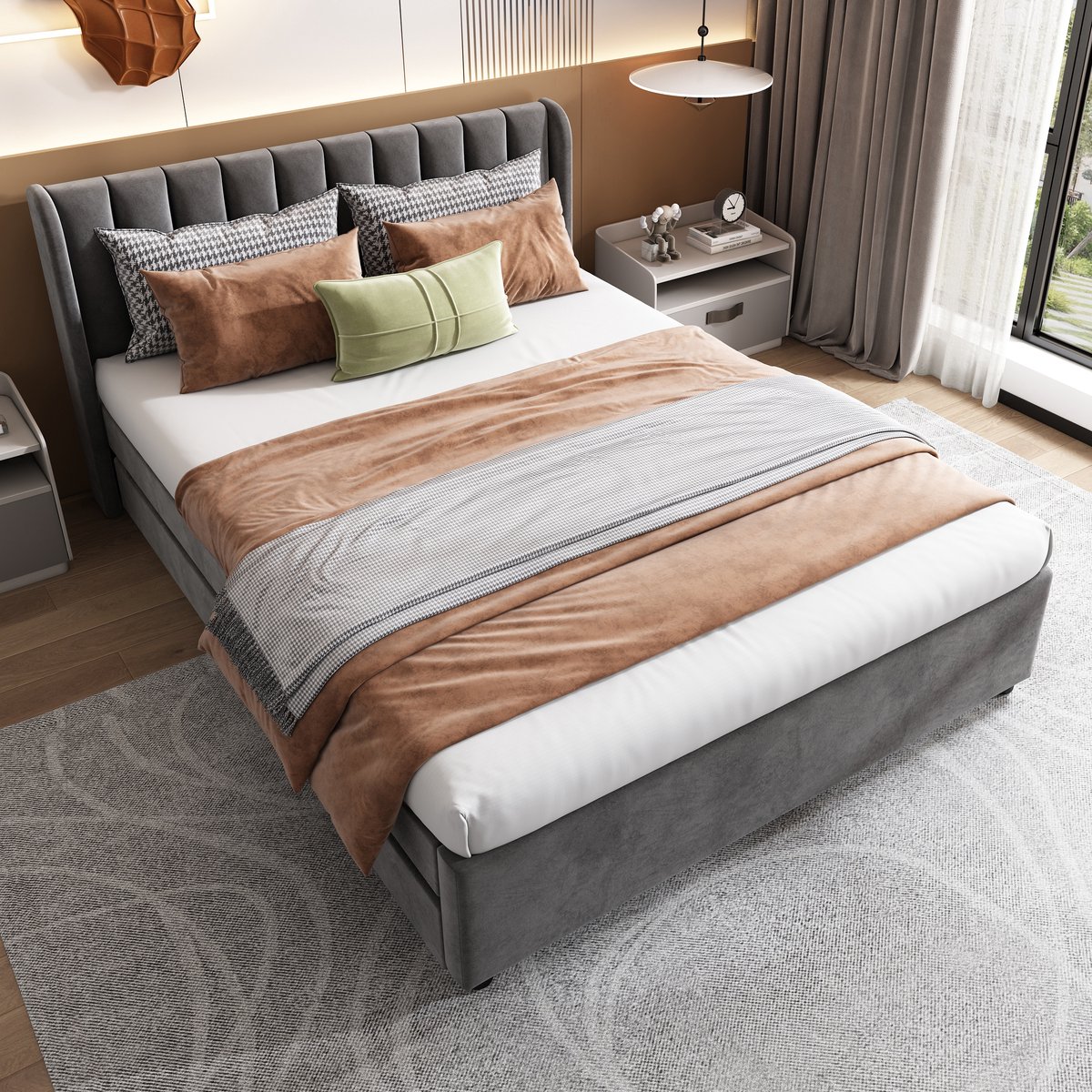 Polsterbed 140 x 200 cm - Fluweelbekleding - Met lattenbodem - Rugsteun - 2 laden - grijs