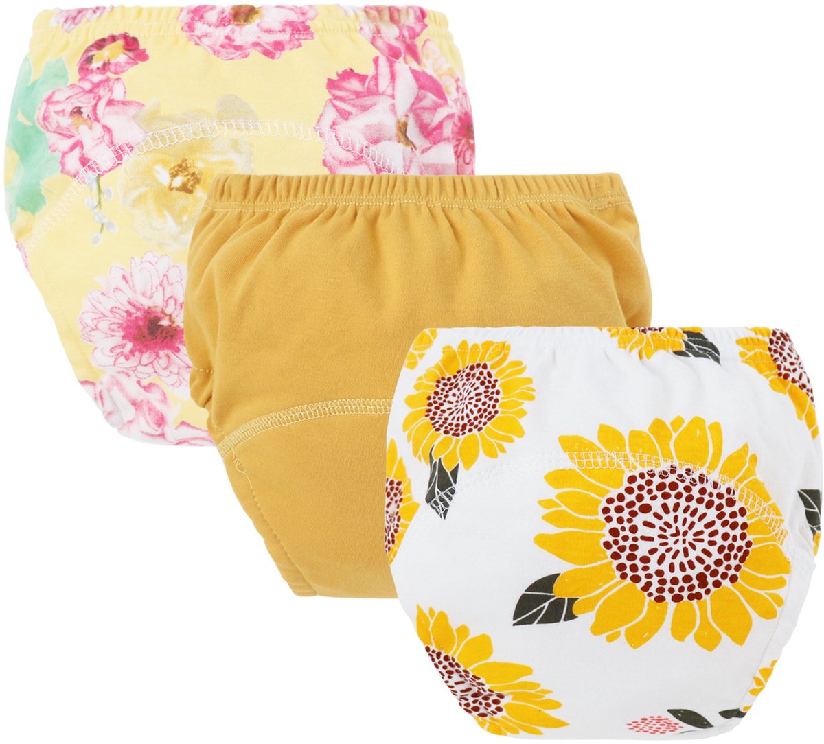 3-pack baby katoenen trainingsbroekjes - herbruikbare peuter zindelijkheidstrainingsbroekjes - chrysant + kurkuma + zonnebloem (luiers) op gele achtergrond - geschikt voor jongens en meisjes van 12-18 kg
