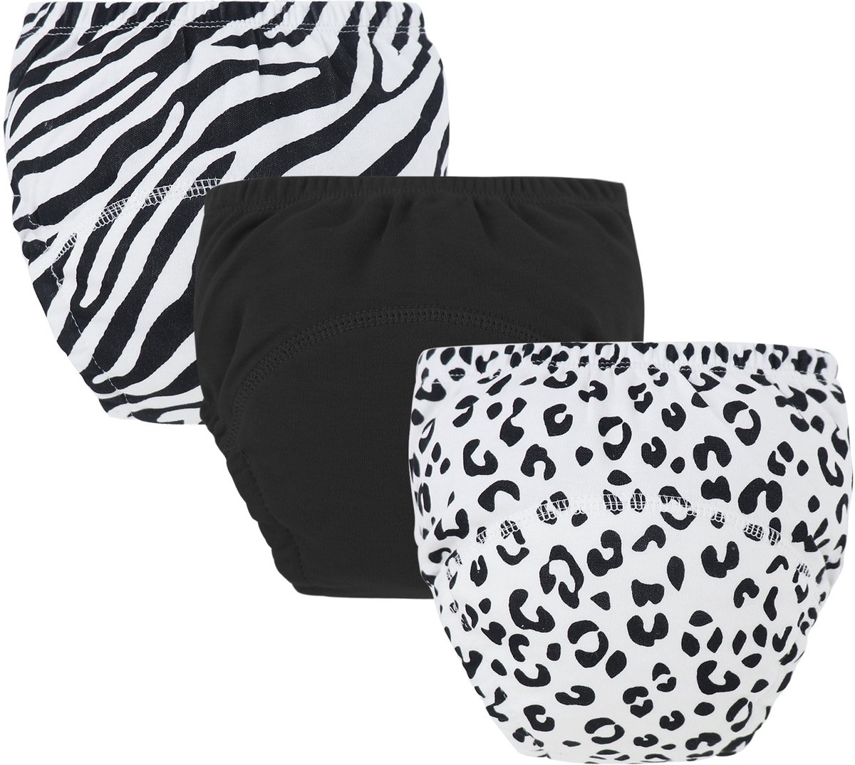 Image of 3-pack baby katoenen trainingsbroekjes - herbruikbare peuter zindelijkheidstraining broekjes - zebra + zwart + zwart luipaard (luiers) - geschikt voor jongens en meisjes van 12-18 kg